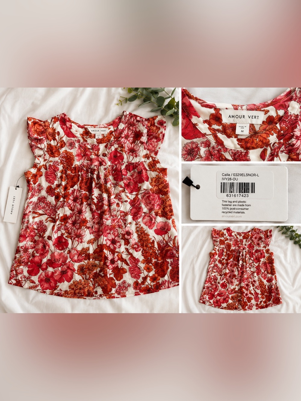 Amour Vert Red & Pink Floral Sleeveless Blouse